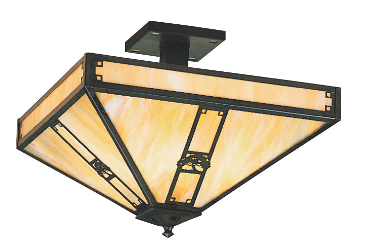 Arroyo Craftsman Pasadena 16" Verdigris Patina Inverted Ceiling Mount With Gold White Iridescent Glass and Oak Tree Filigree Overlay