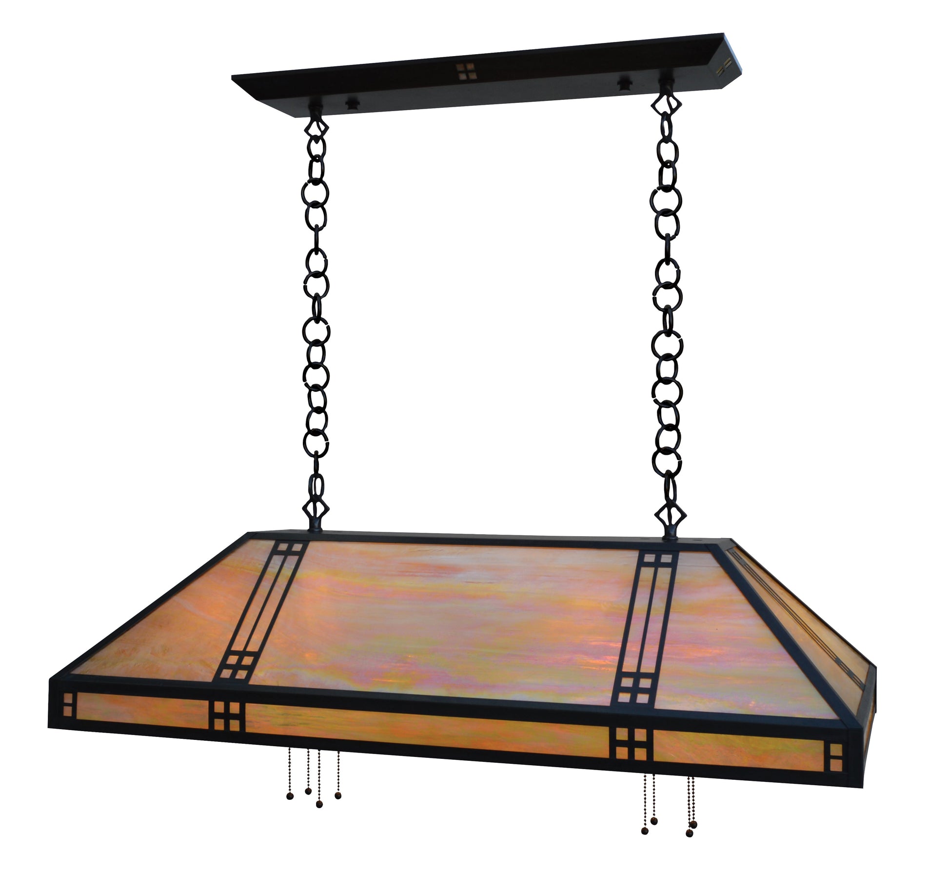 Arroyo Craftsman Prairie 18" x 36" Rustic Brown Hanging Pendant With Gold White Iridescent Glass