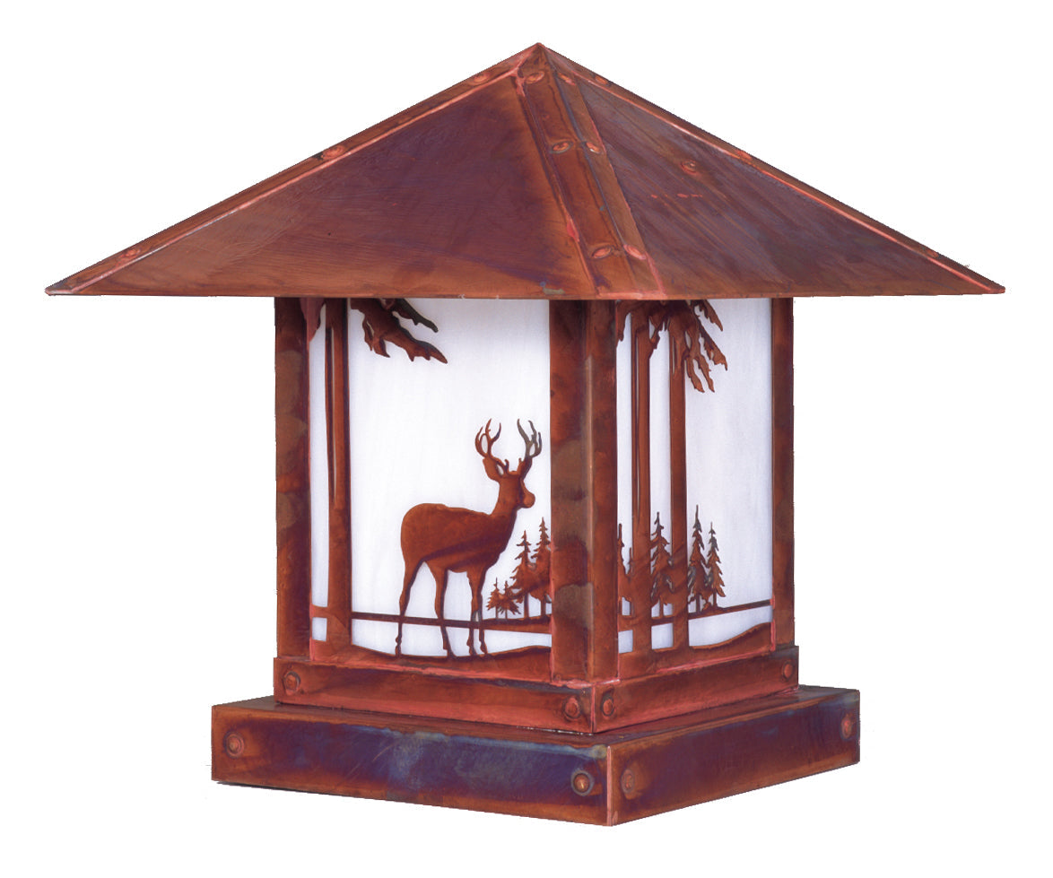 Arroyo Craftsman Timber Ridge 12" Antique Copper Column Mount With Cream Glass and Deer Filigree Overlay