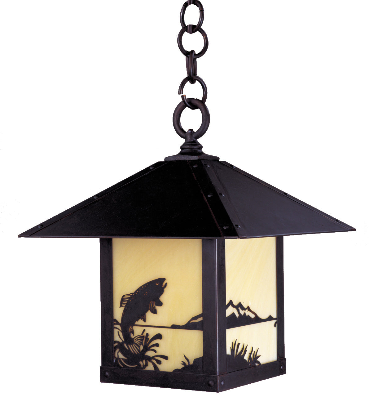 Arroyo Craftsman Timber Ridge 9" Bronze Pendant Lighting With Amber Mica Glass and Ashbury Filigree Overlay