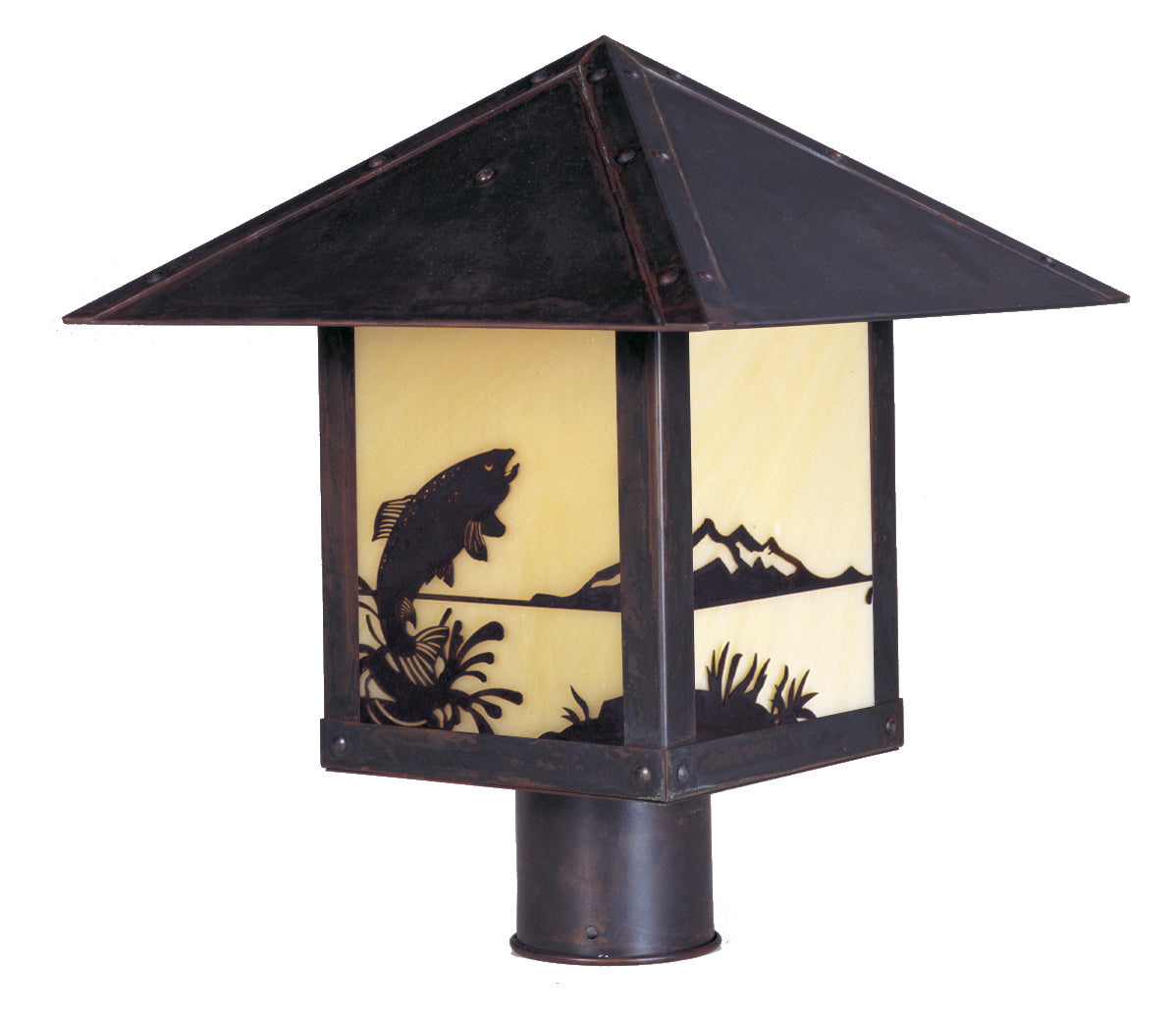 Arroyo Craftsman Timber Ridge 9" Satin Black Post Mount With Tan Glass and Arrow Filigree Overlay