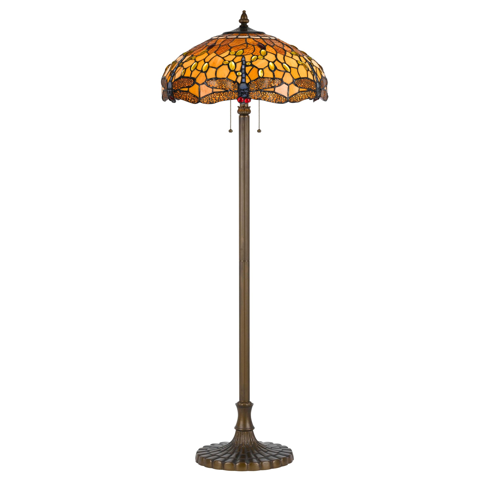 Benzara 2-Light Tiffany Floor Lamp With Multicolor Dragonfly Design Shade