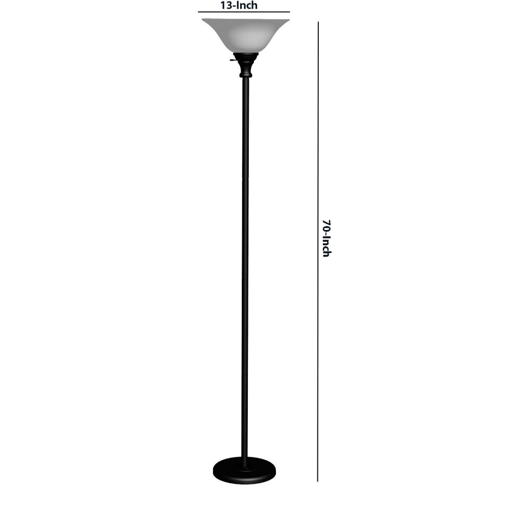 Benzara 70" 3-Way Black Metal Torchiere Floor Lamp With White Frosted Glass Shade