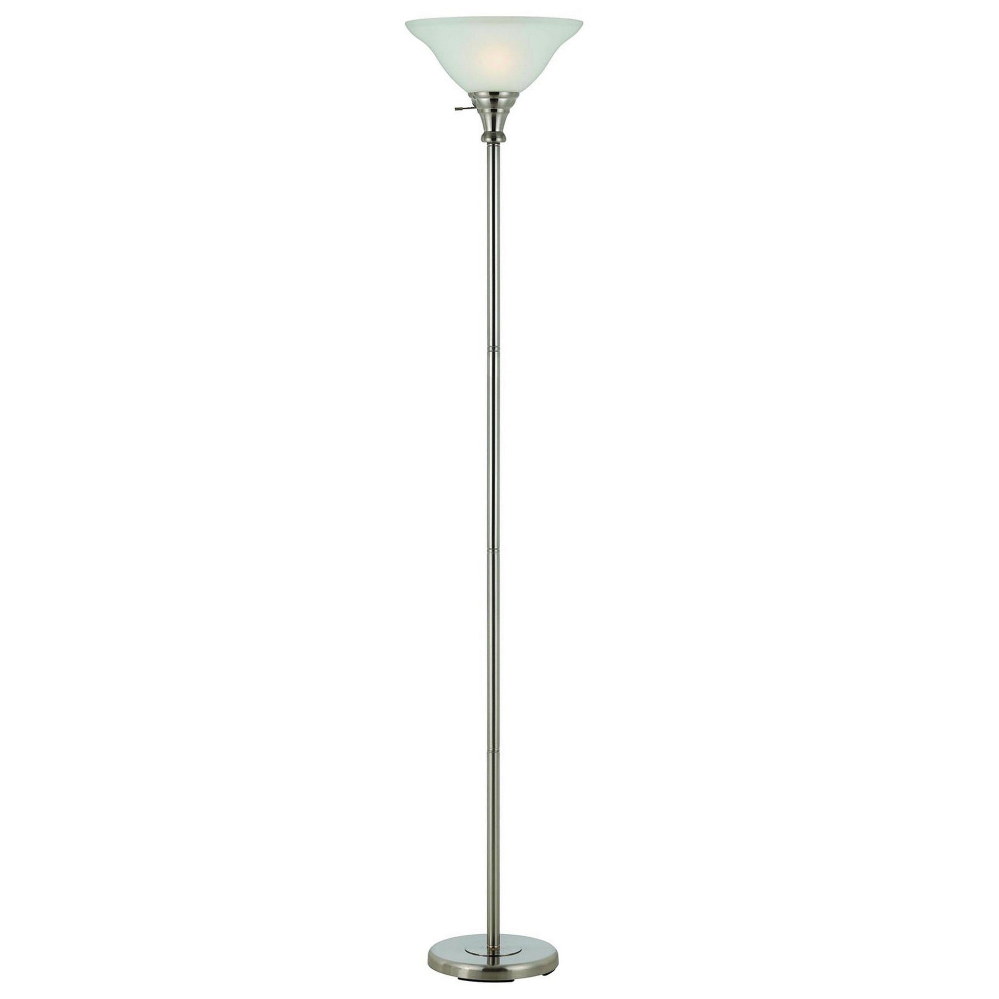 Benzara 70" 3-Way Silver Metal Round Torchiere Floor Lamp With White Frosted Glass Shade