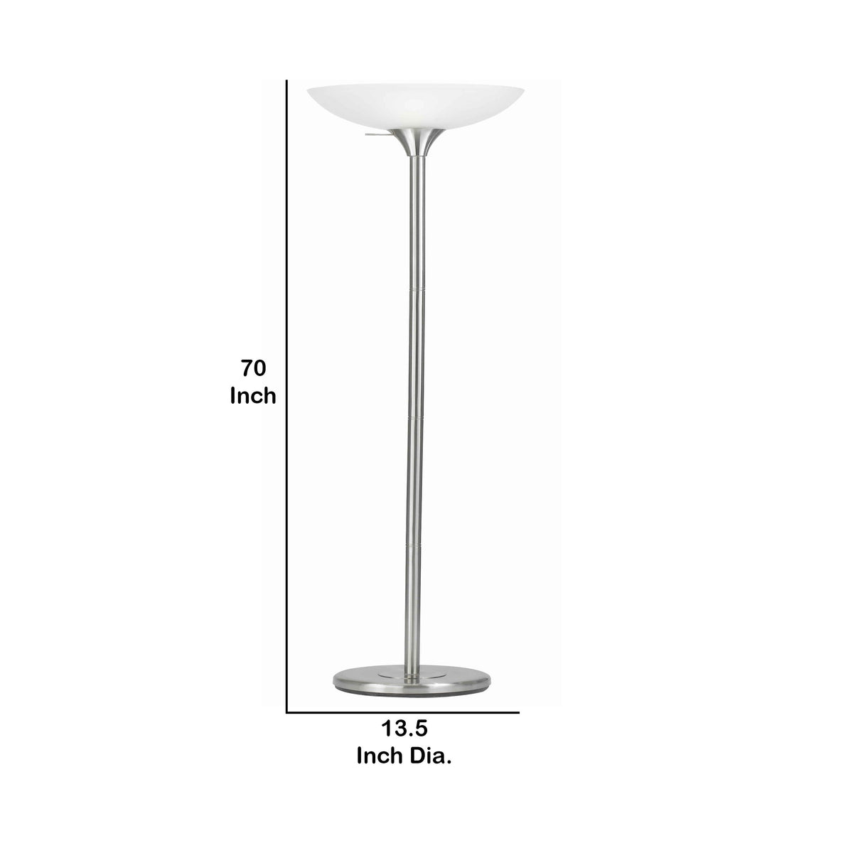 Benzara 70" 3-Way Silver Tubular Metal Body Torchiere Floor Lamp With White Frosted Glass Shade