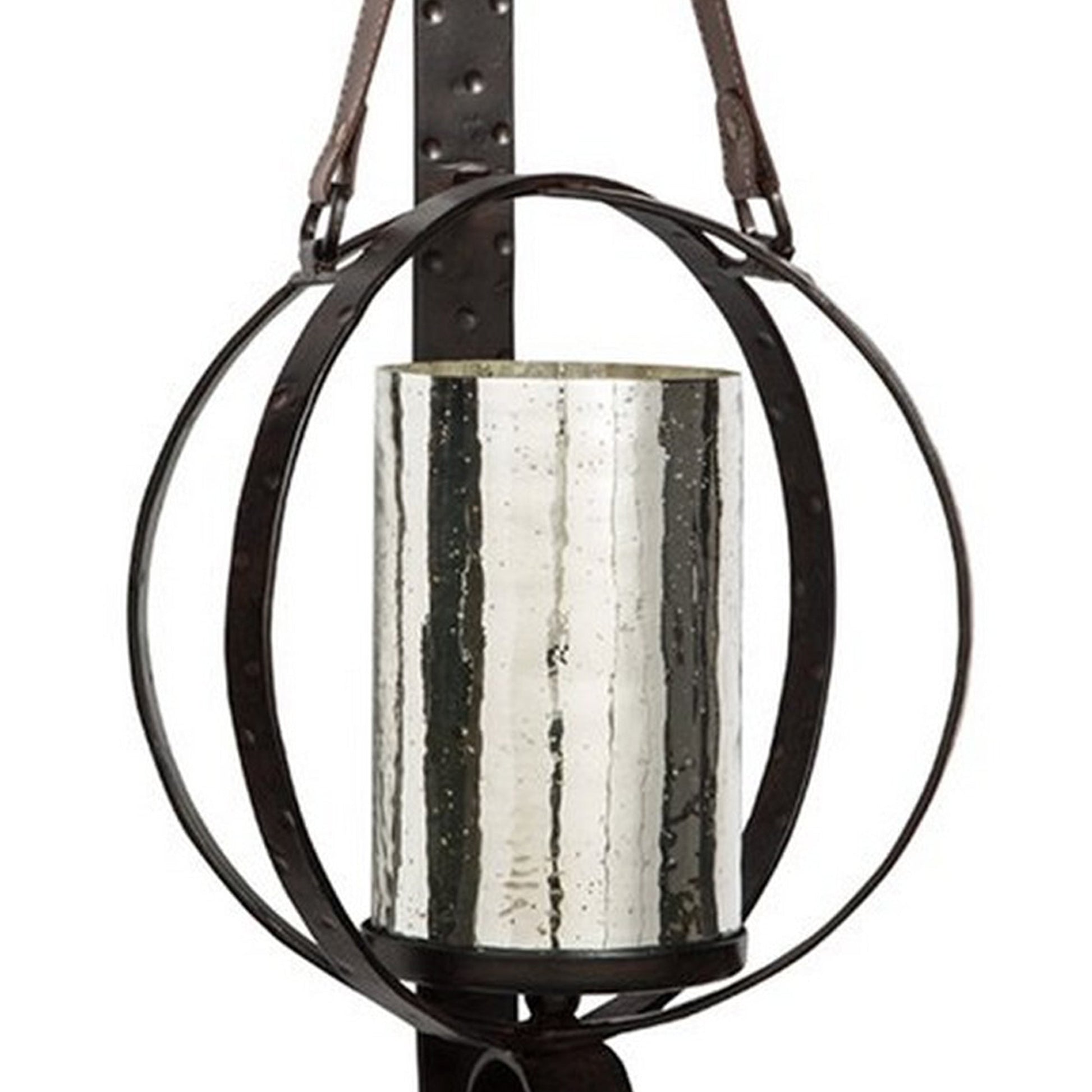 Benzara BM227142 Bronze Intersected Round Metal Wall Sconce With Mercury Glass Hurricane