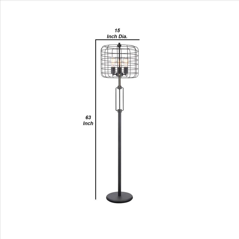 Benzara Black Cage Design Shade Metal Floor Lamp With Pull Chain Switch