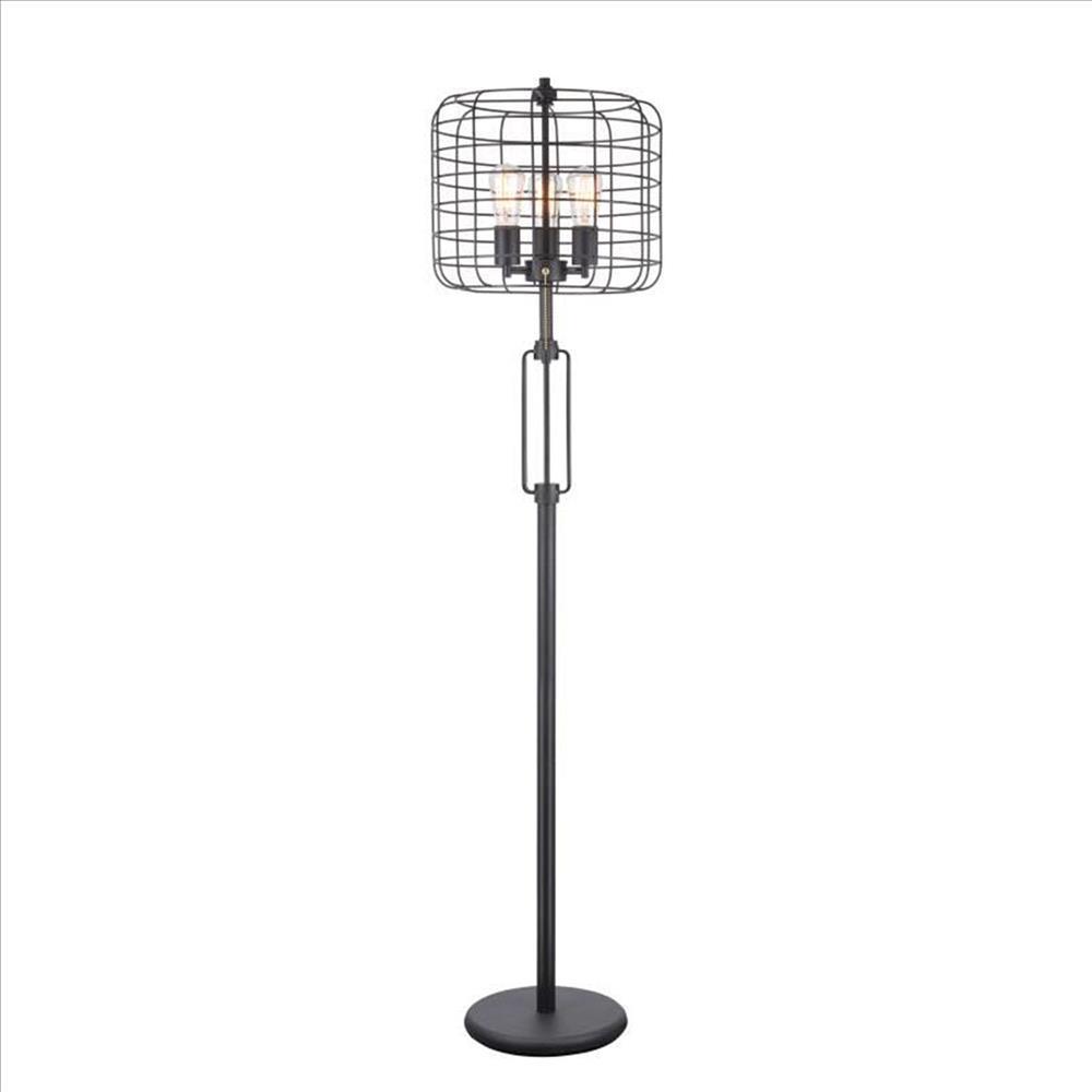 Benzara Black Cage Design Shade Metal Floor Lamp With Pull Chain Switch