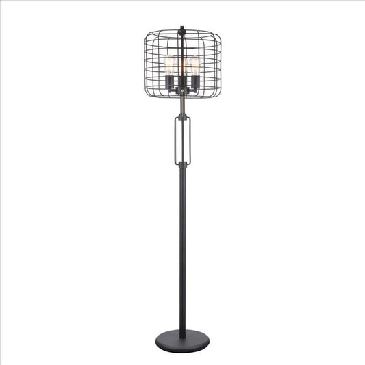 Benzara Black Cage Design Shade Metal Floor Lamp With Pull Chain Switch