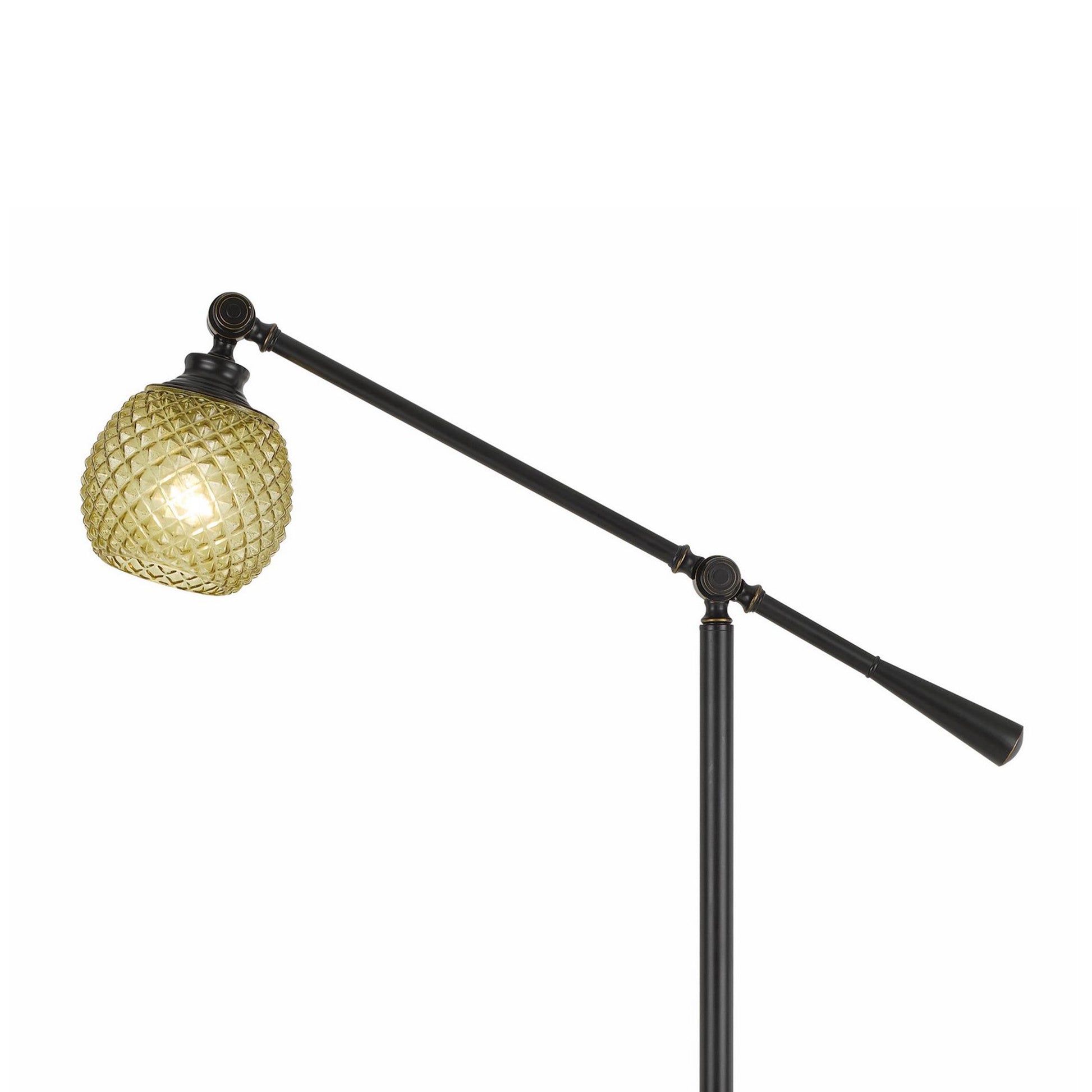 Benzara Black Metal Body Floor Lamp With Adjustable Arm and Textured Glass Shade