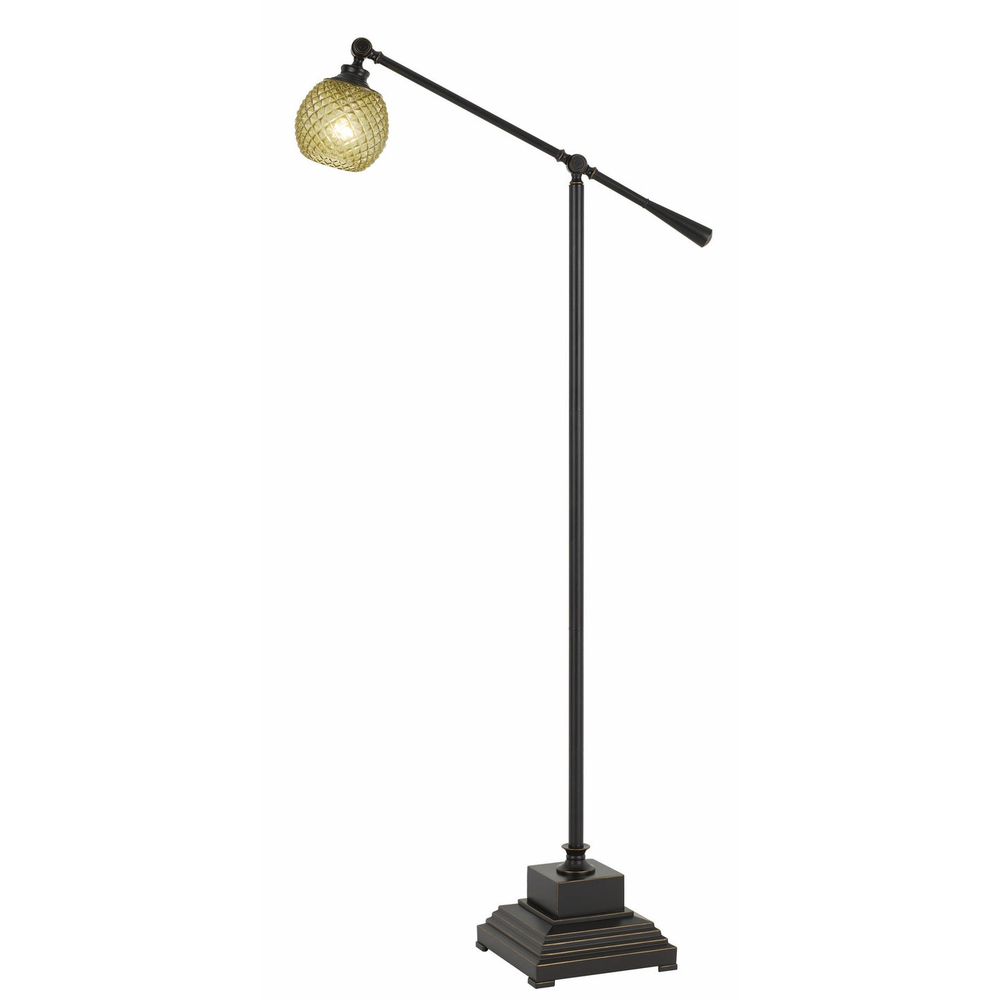 Benzara Black Metal Body Floor Lamp With Adjustable Arm and Textured Glass Shade