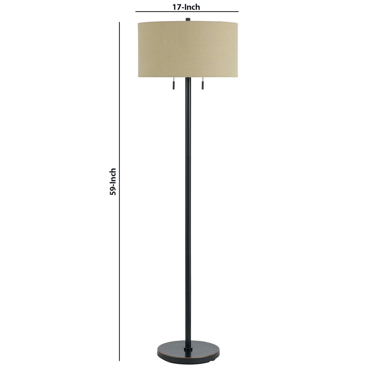 Benzara Black Metal Body Floor Lamp With Fabric Drum Shade and Pull Chain Switch