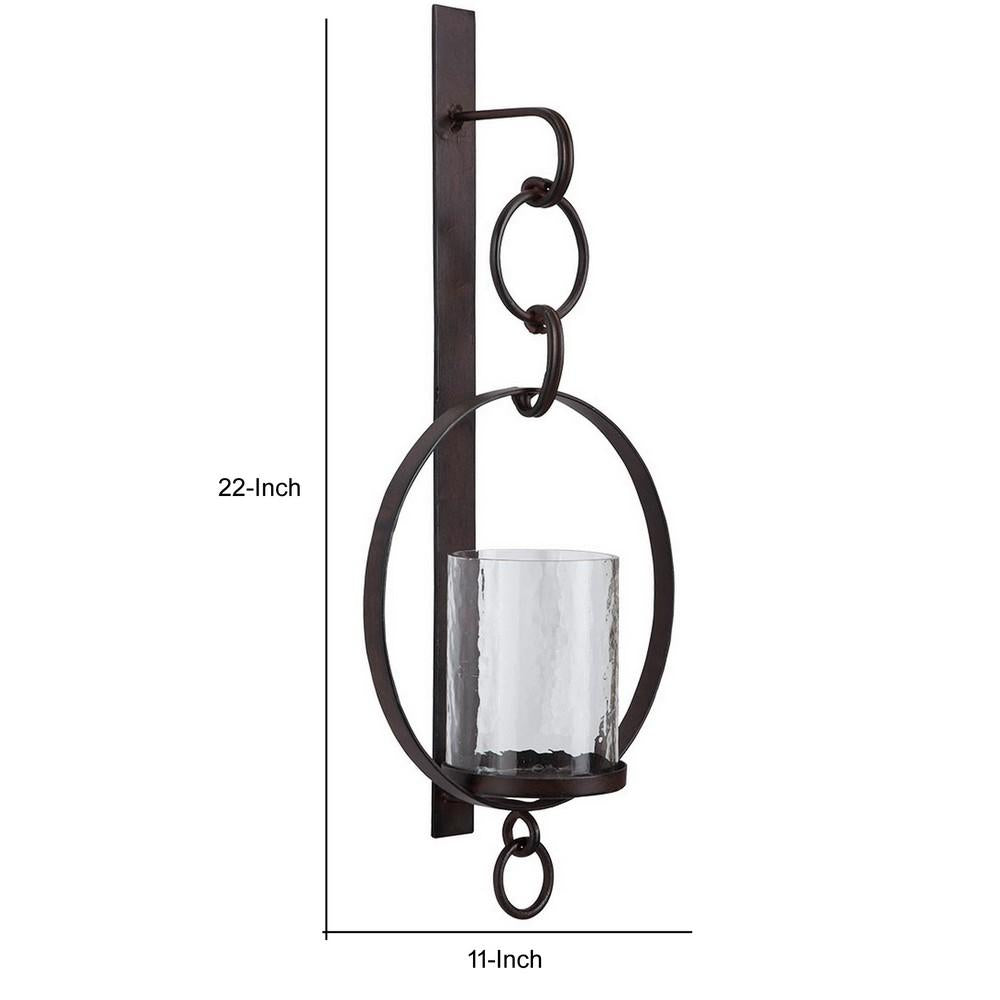 Benzara Black Metal Wall Sconce With Glass Hurricane and Chain Design Holder