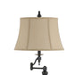 Benzara Black Swing Arm Metal Body Floor Lamp With Beige Fabric Tapered Bell Shade and Block Base