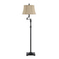 Benzara Black Swing Arm Metal Body Floor Lamp With Beige Fabric Tapered Bell Shade and Block Base