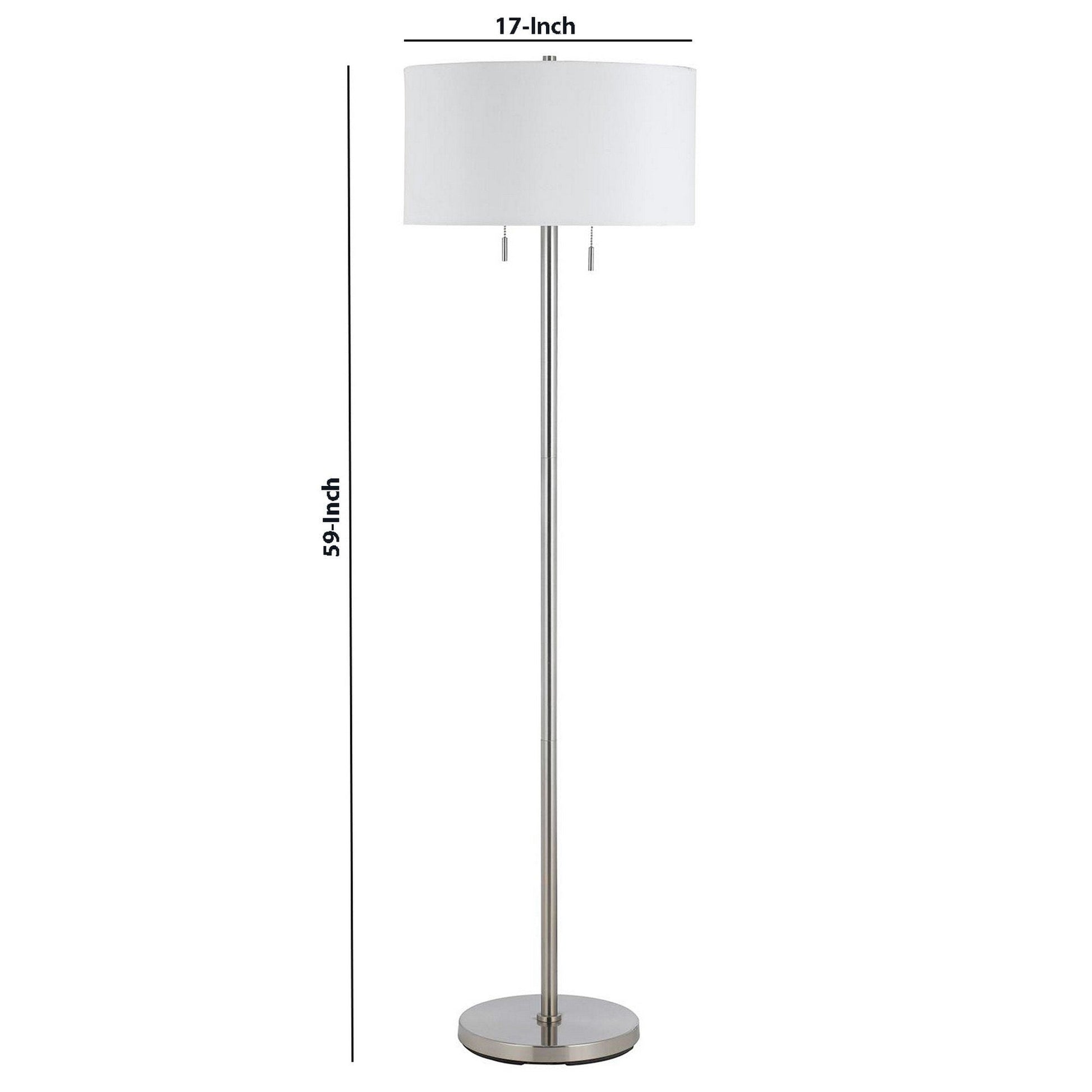 Benzara Silver Metal Body Floor Lamp With Fabric Drum Shade and Pull Chain Switch