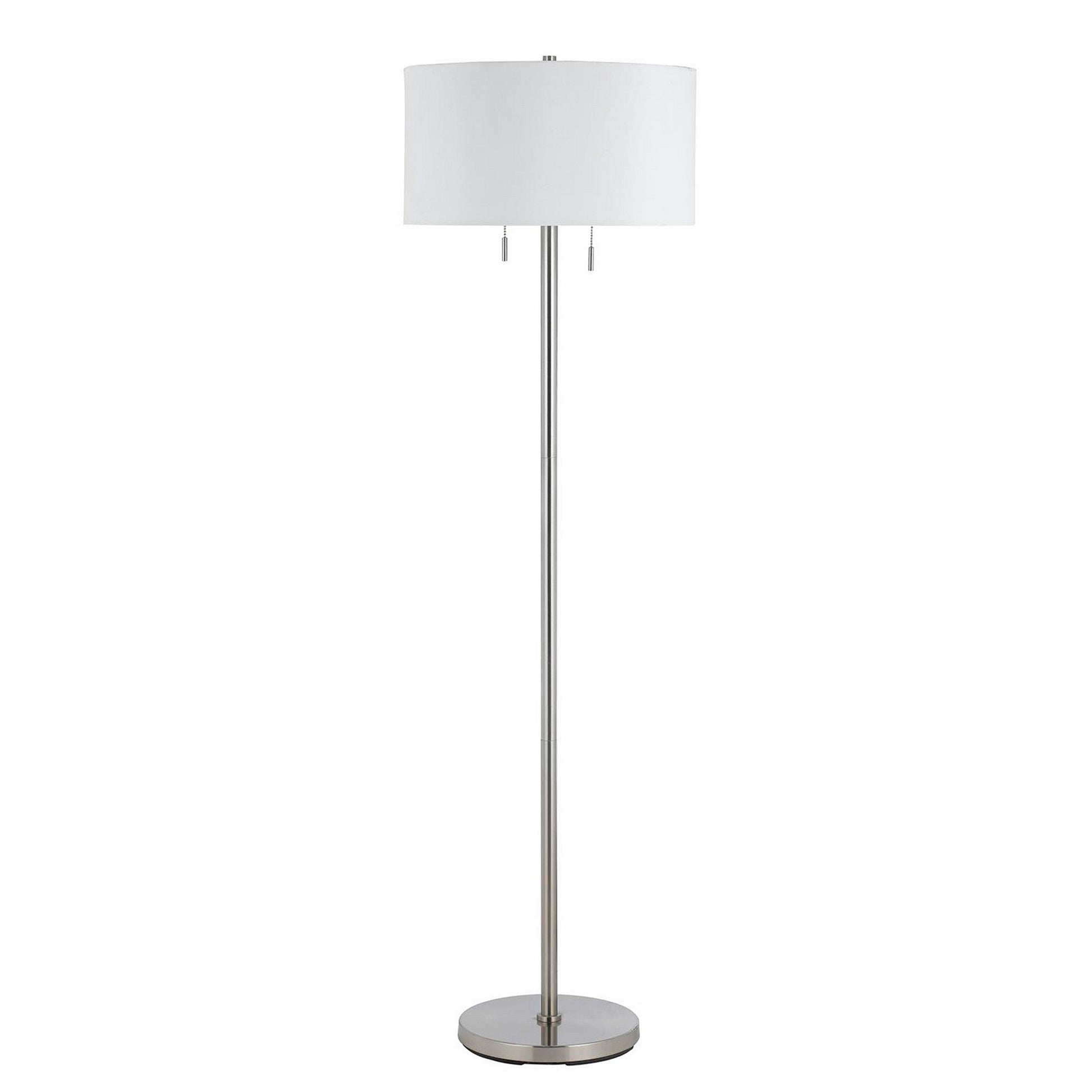 Benzara Silver Metal Body Floor Lamp With Fabric Drum Shade and Pull Chain Switch