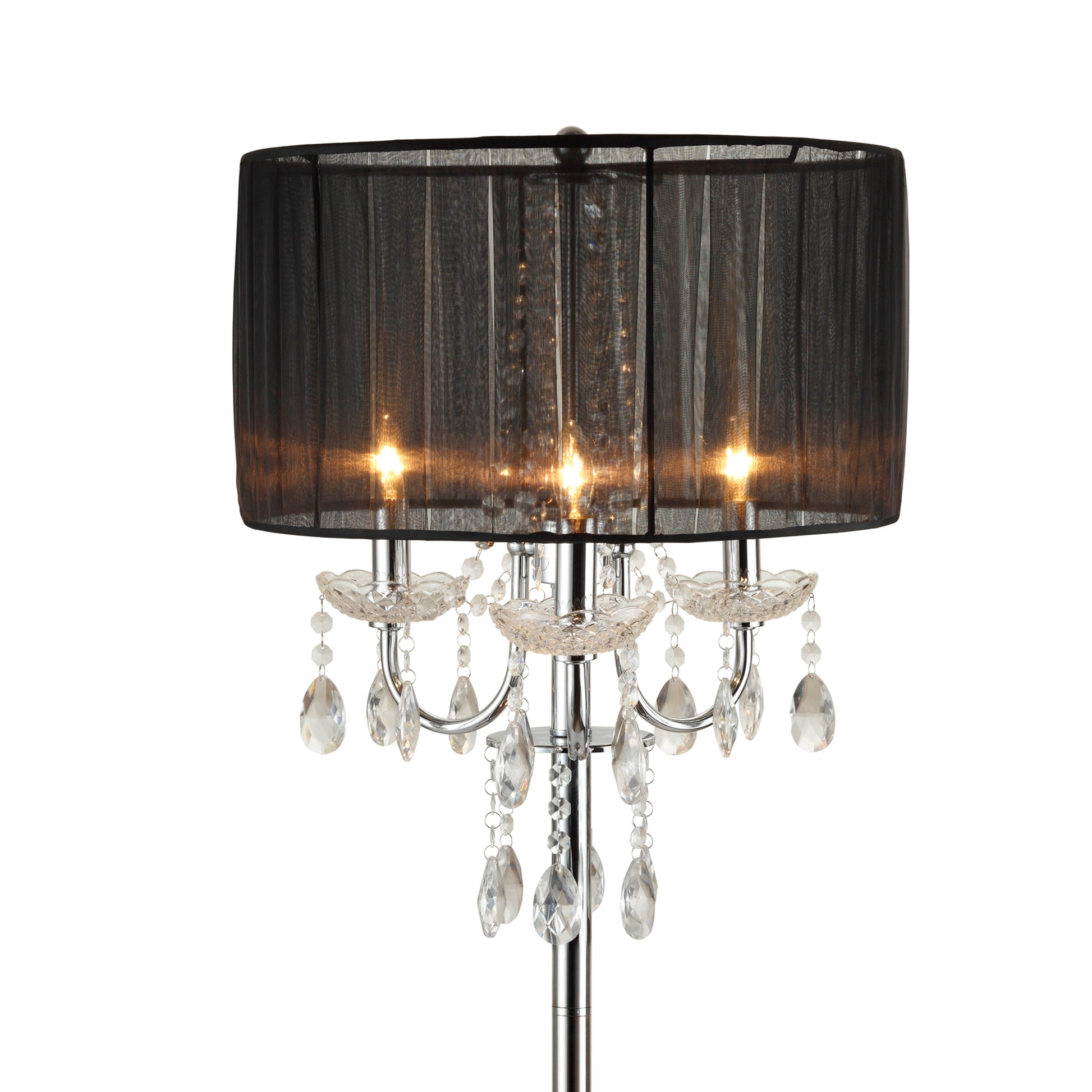 Benzara Silver Tubular Framed Floor Lamp With Gray Round Fabric Wrapped Shade and Crystal Inlay