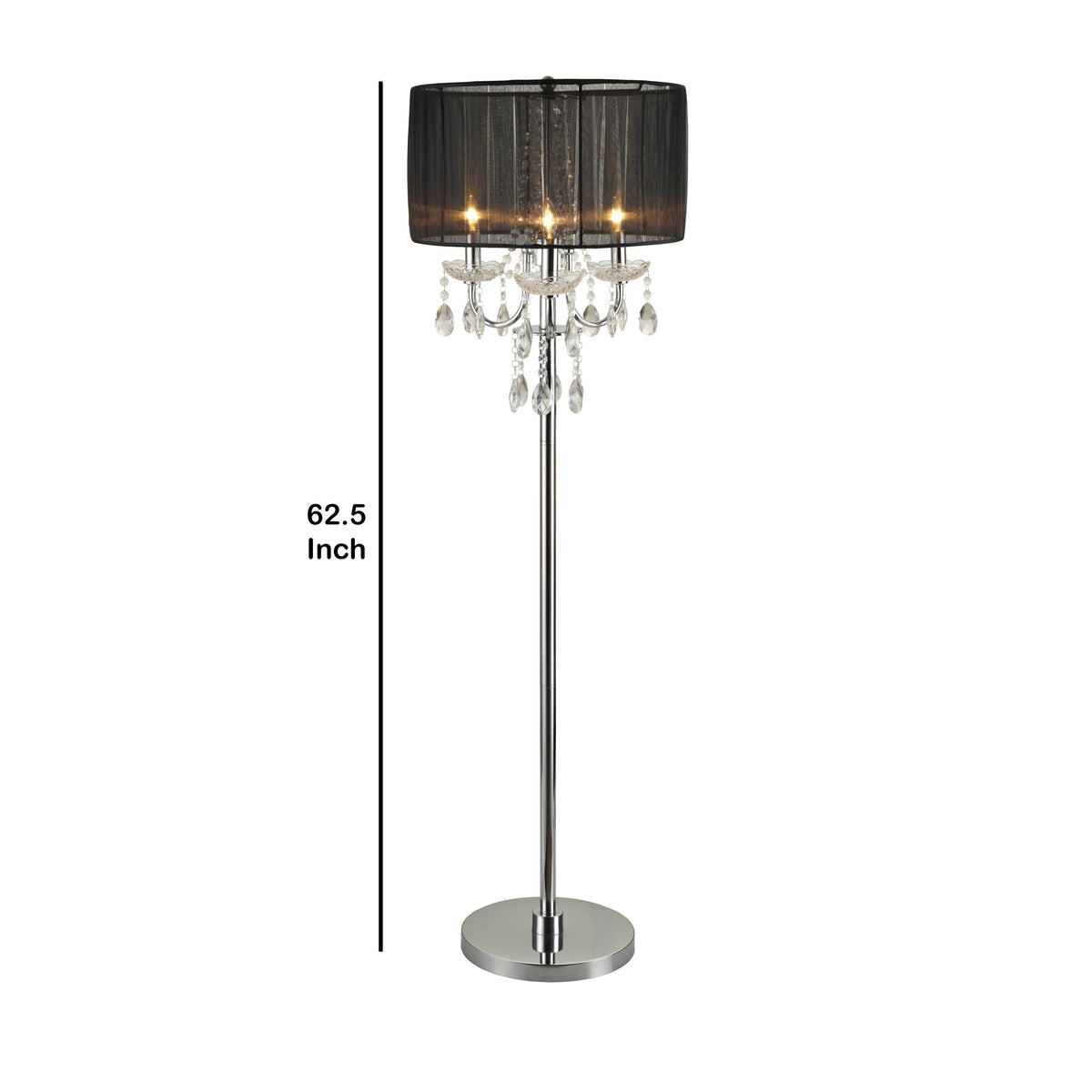 Benzara Silver Tubular Framed Floor Lamp With Gray Round Fabric Wrapped Shade and Crystal Inlay