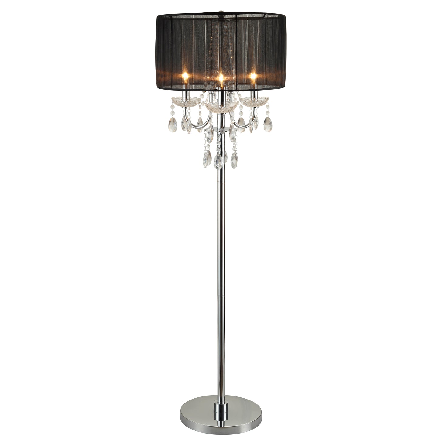 Benzara Silver Tubular Framed Floor Lamp With Gray Round Fabric Wrapped Shade and Crystal Inlay