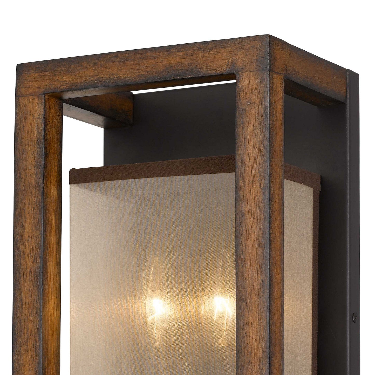 Benzara Walnut Brown Wooden Wall Sconce With Organza Shade