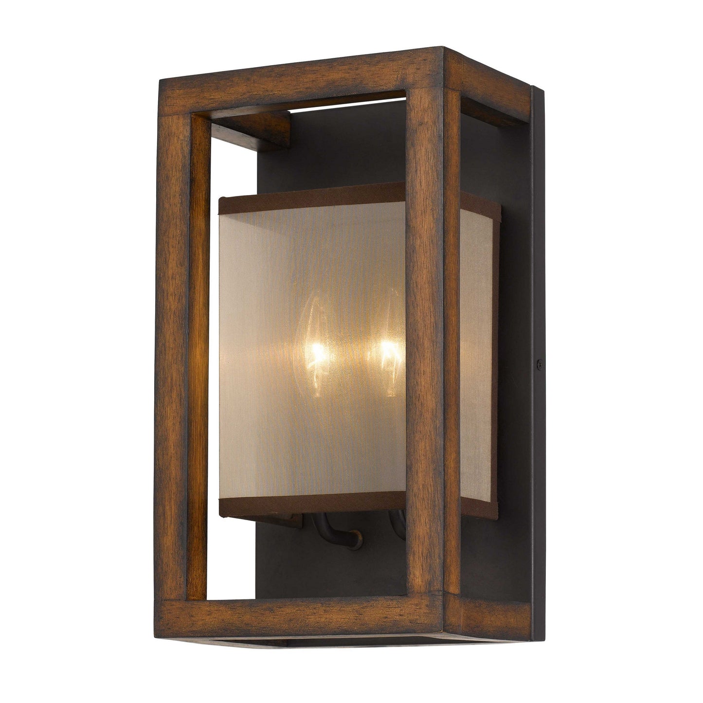 Benzara Walnut Brown Wooden Wall Sconce With Organza Shade