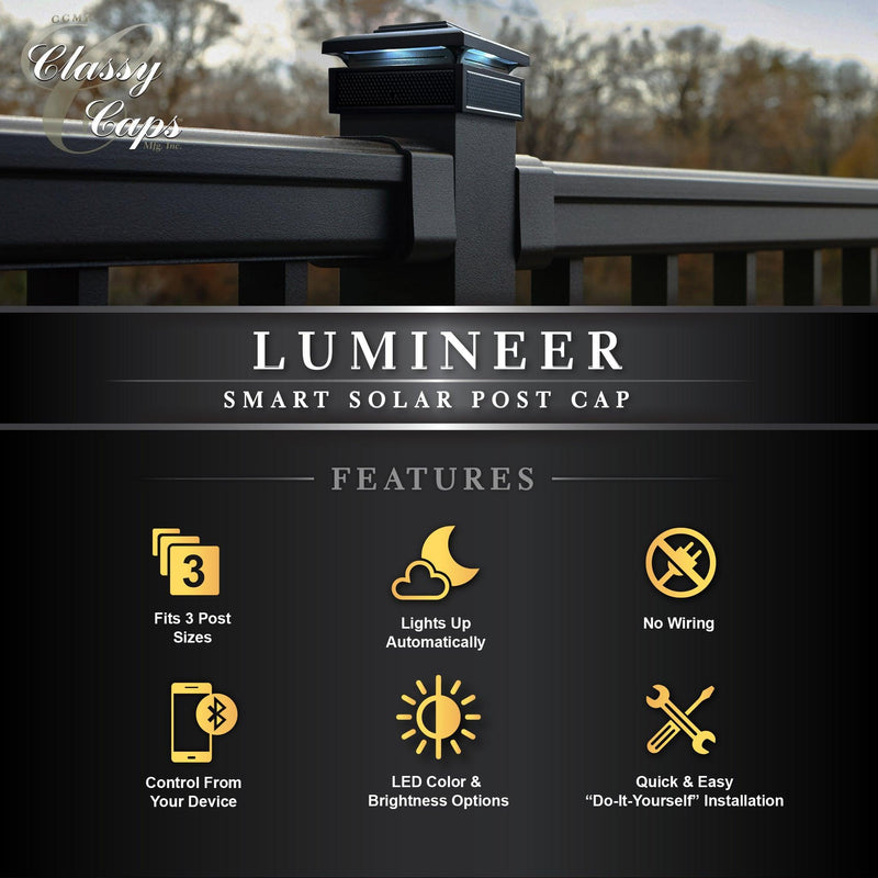Classy Caps Lumineer 4" x 4" Black Aluminum Powder Coated Smart Solar Post Cap