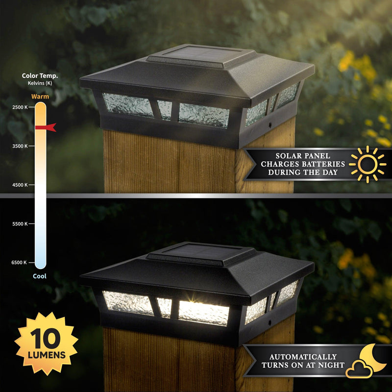 Classy Caps Oxford 6" x 6" Black Aluminum Powder Coat Solar Post Cap With Decorative Lens