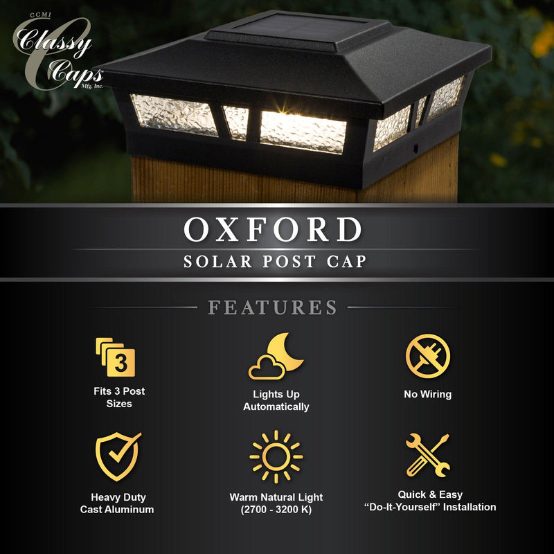Classy Caps Oxford 6" x 6" Black Aluminum Powder Coat Solar Post Cap With Decorative Lens