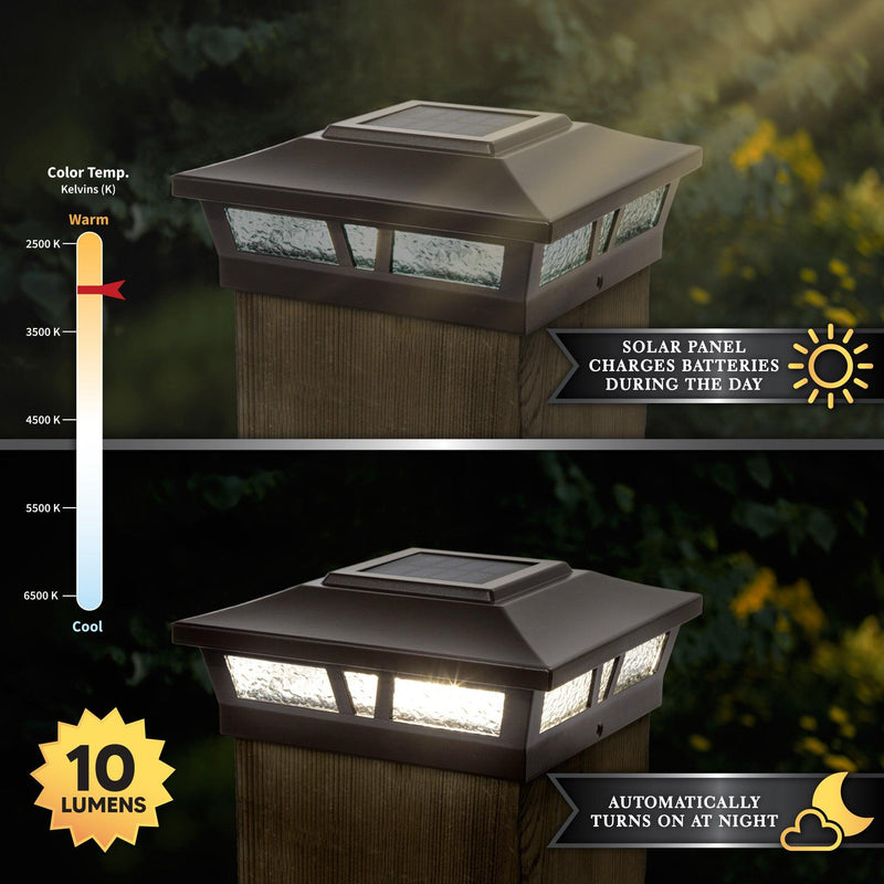 Classy Caps Oxford 6" x 6" Brown Aluminum Powder Coat Solar Post Cap With Decorative Lens