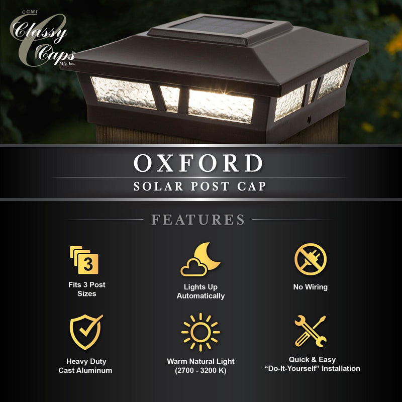 Classy Caps Oxford 6" x 6" Brown Aluminum Powder Coat Solar Post Cap With Decorative Lens