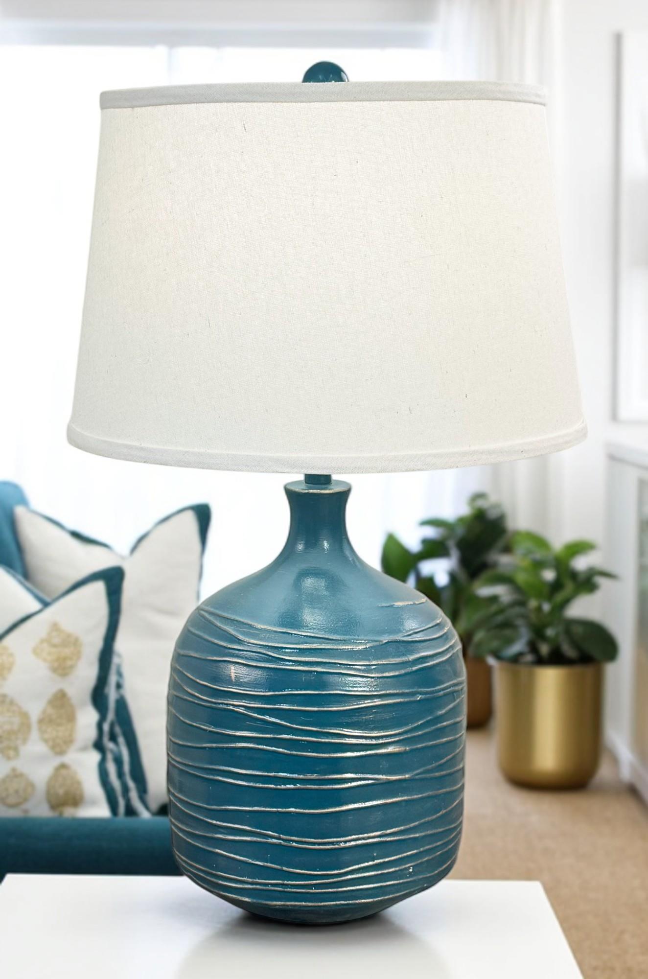 Coast Lamp Manufacturing 26" Sea/Grey Wide Table Lamp With Horizontal Lines