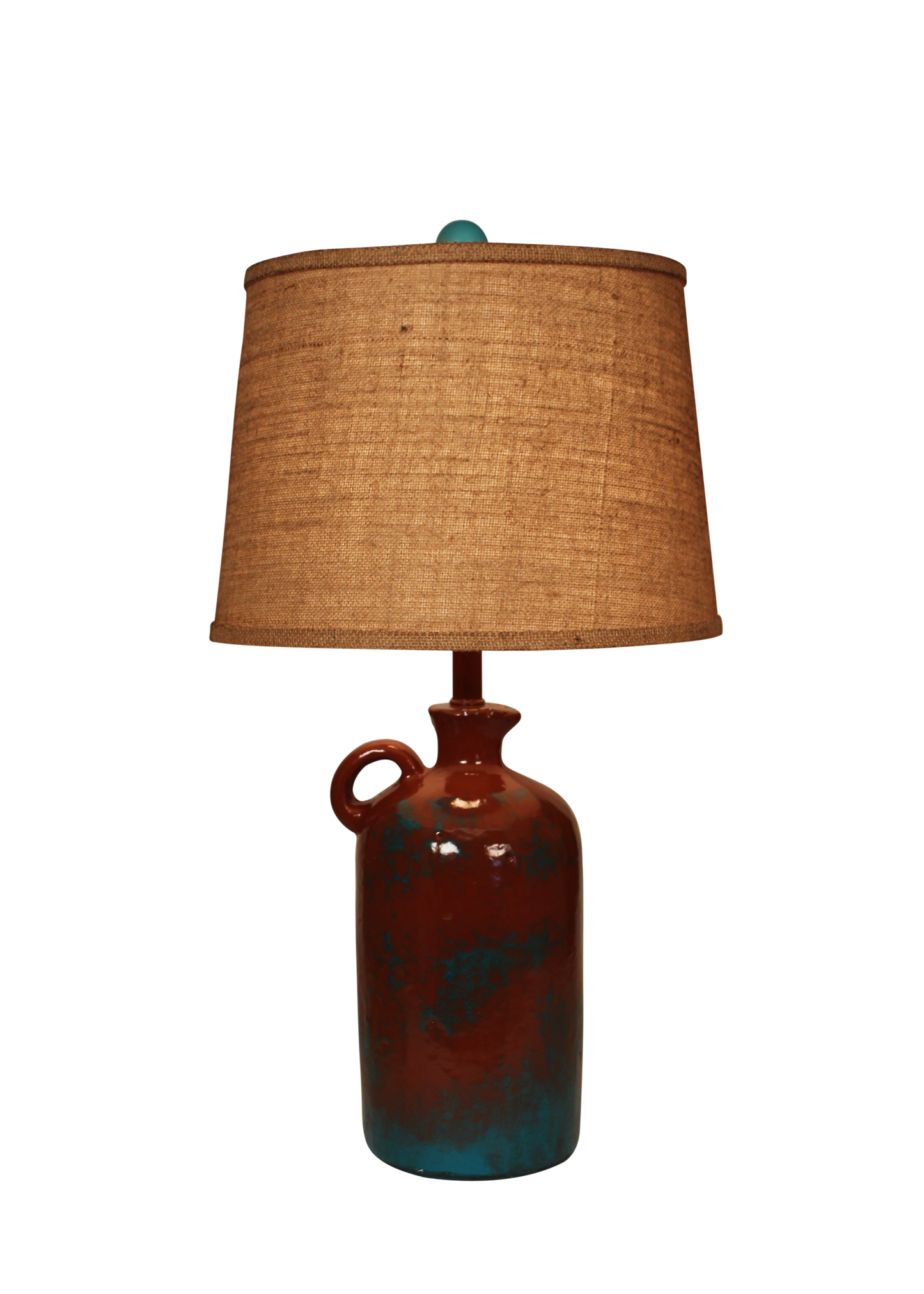 Coast Lamp Manufacturing 28"H Pueblo Textured 1 Handled Whiskey Jug With Burlap Shade