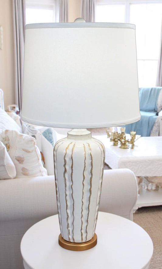 Coast Lamp Manufacturing 30" High Gloss Nude Indented Vase Table Lamp With Gold Accent and Base