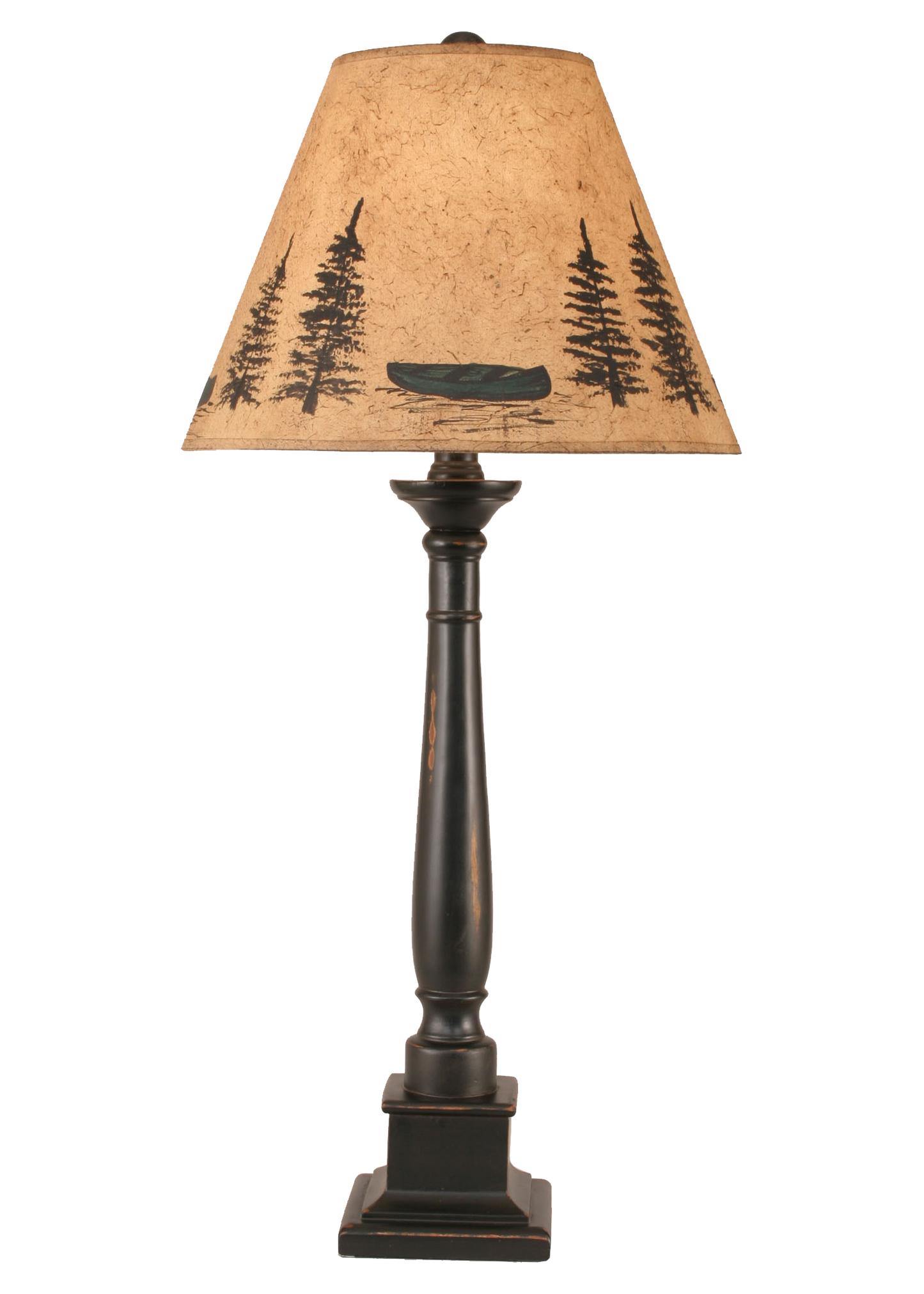 Coast Lamp Manufacturing 33"H Distressed Black Square Candlestick Table Lamp With Canoe Scene Shade
