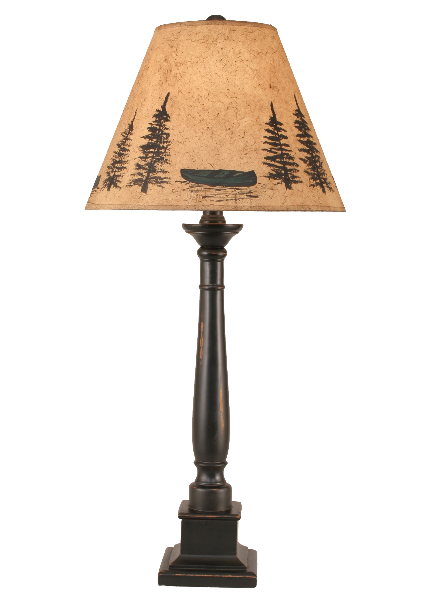 Coast Lamp Manufacturing 33"H Distressed Black Square Candlestick Table Lamp With Canoe Scene Shade