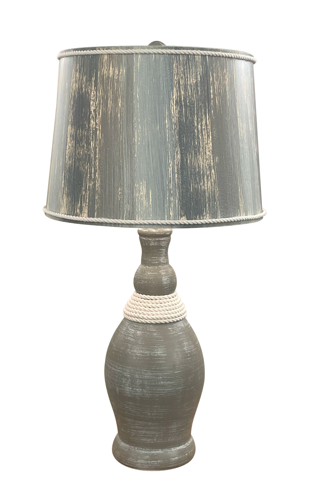 Coast Lamp Manufacturing Coastal Living 28"H Weathered Gray Slender Neck Table Lamp With White Rope Accent Lamp And Gray Stripe Shade
