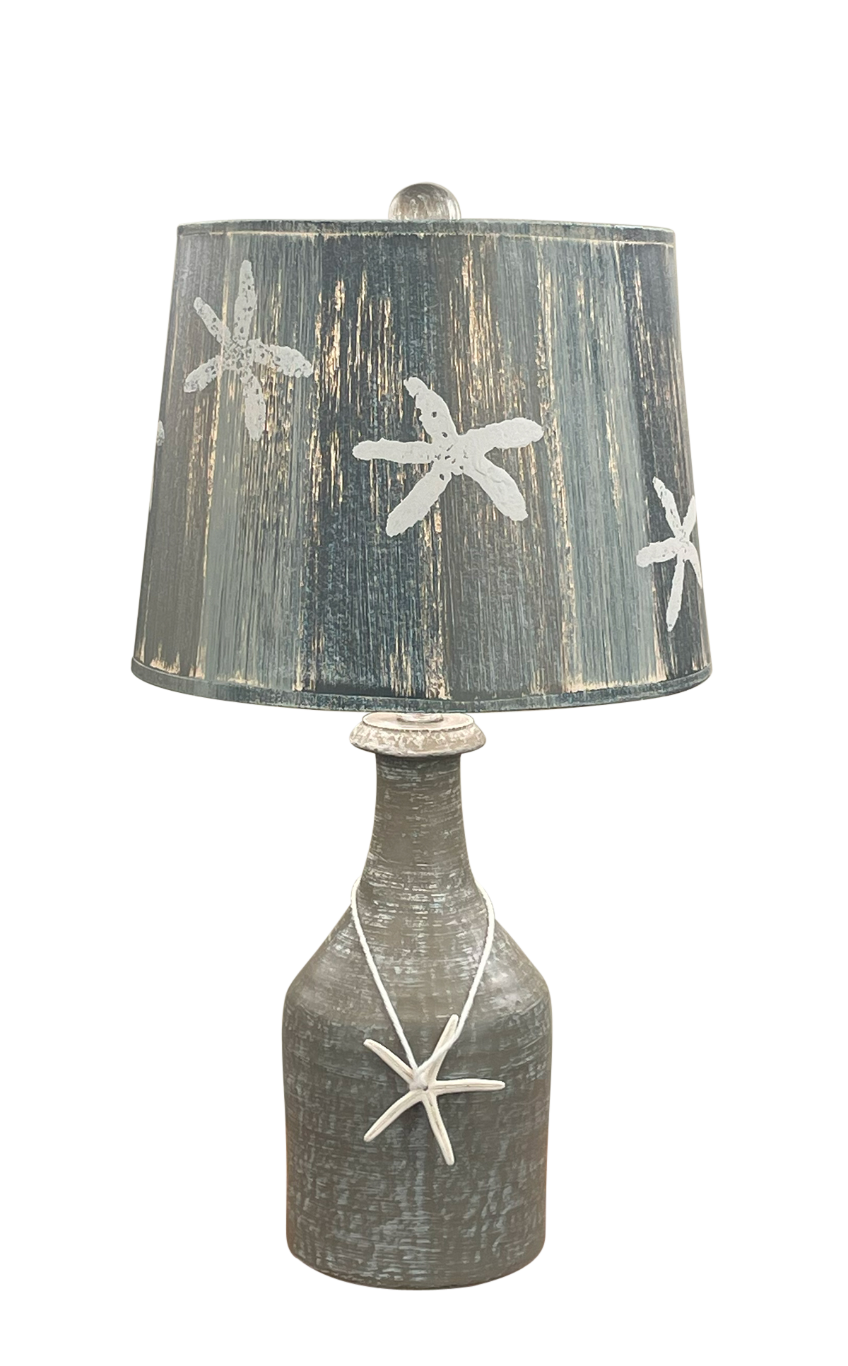 Coast Lamp Manufacturing Coastal Living Weathered Gray Small Clay Jug Accent Lamp With Starfish And Stripes Shade