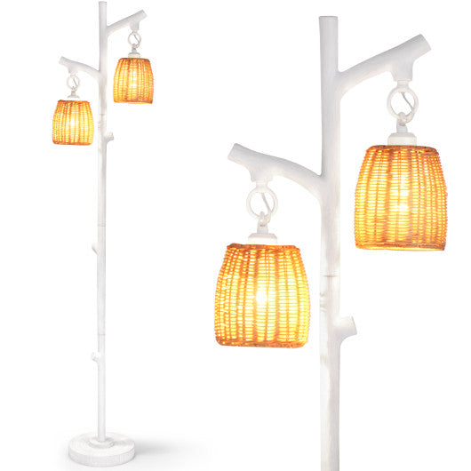 Costway 2 Light White Tree Trunk Lamps with Wicker Shade