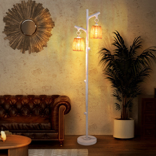 Costway 2 Light White Tree Trunk Lamps with Wicker Shade