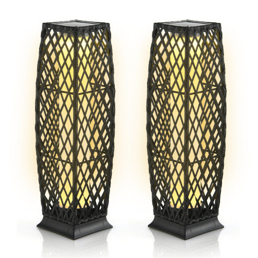 Costway 2 Pieces Black Solar-Powered Diamond Wicker Floor Lamps with Auto LED Light