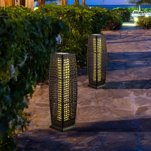 Costway 2 Pieces Black Solar-Powered Square Wicker Floor Lamps with Auto LED Light