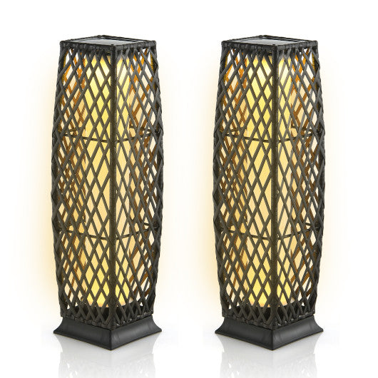 Costway 2 Pieces Brown Solar-Powered Diamond Wicker Floor Lamps with Auto LED Light
