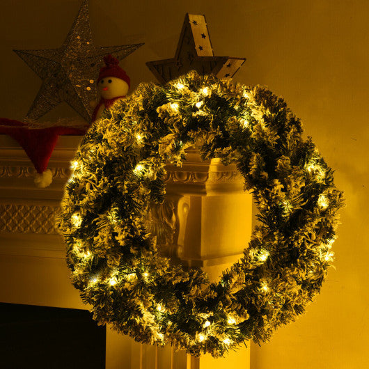 Costway 24" Pre-Lit Cordless Artificial Snow Flocked Christmas Pine Wreath with LED lights