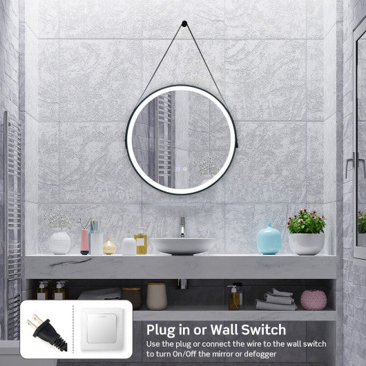 Costway 24" Round Wall-mounted Mirror with 3 Color LED Lights and Anti-Fog Function