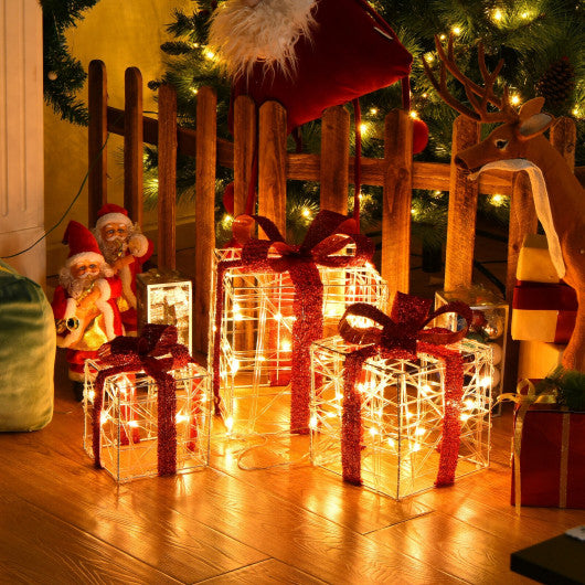 Costway 3 Pieces Christmas Lighted Gift Boxes Decorations with 60 LED Lights for Indoor and Outdoor