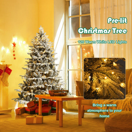 Costway 4.5' Pre-Lit Snow Flocked Hinged Artificial Christmas Tree with 120 LED Lights