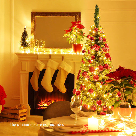 Costway 4.5'Green Pre-Lit Premium Hinged Artificial Fir Pencil Christmas Tree with LED Lights