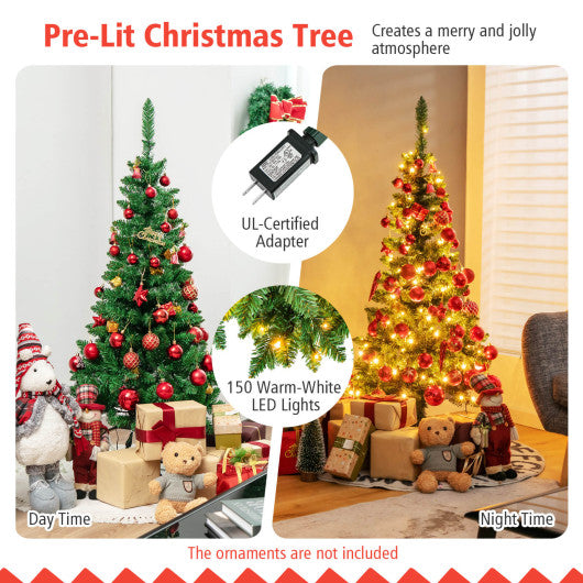Costway 4.5'Green Pre-Lit Premium Hinged Artificial Fir Pencil Christmas Tree with LED Lights