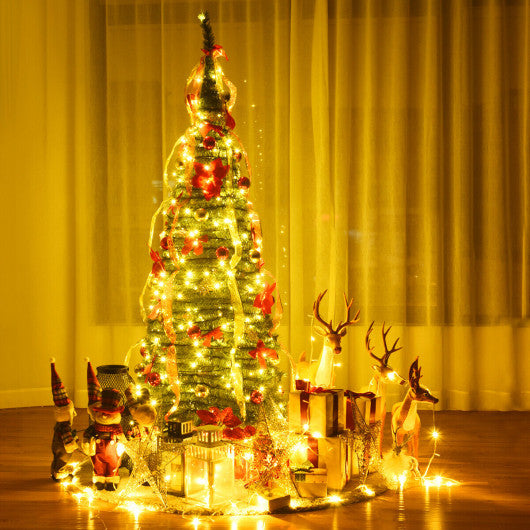 Costway 4.5'Green Pre-Lit Premium Hinged Artificial Fir Pencil Christmas Tree with LED Lights